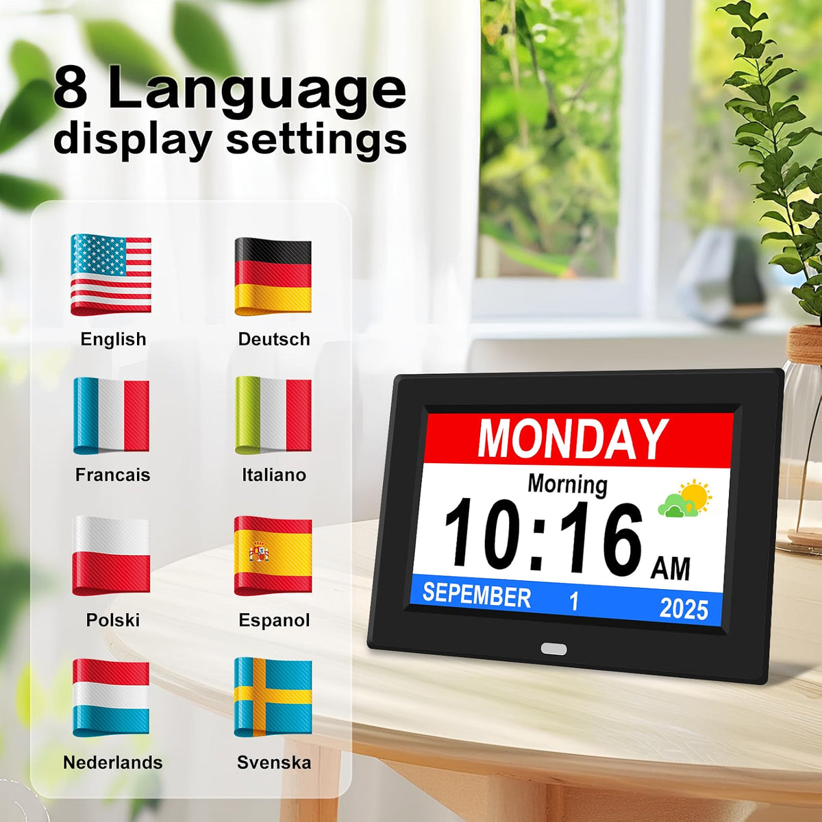 HyperionFlo Essentials 10-Inch Digital Clock for Seniors, Large Display Calendar Clock with Day & Date, 12 Alarms, Medication Reminders, Auto Dimming & Remote Control, Black