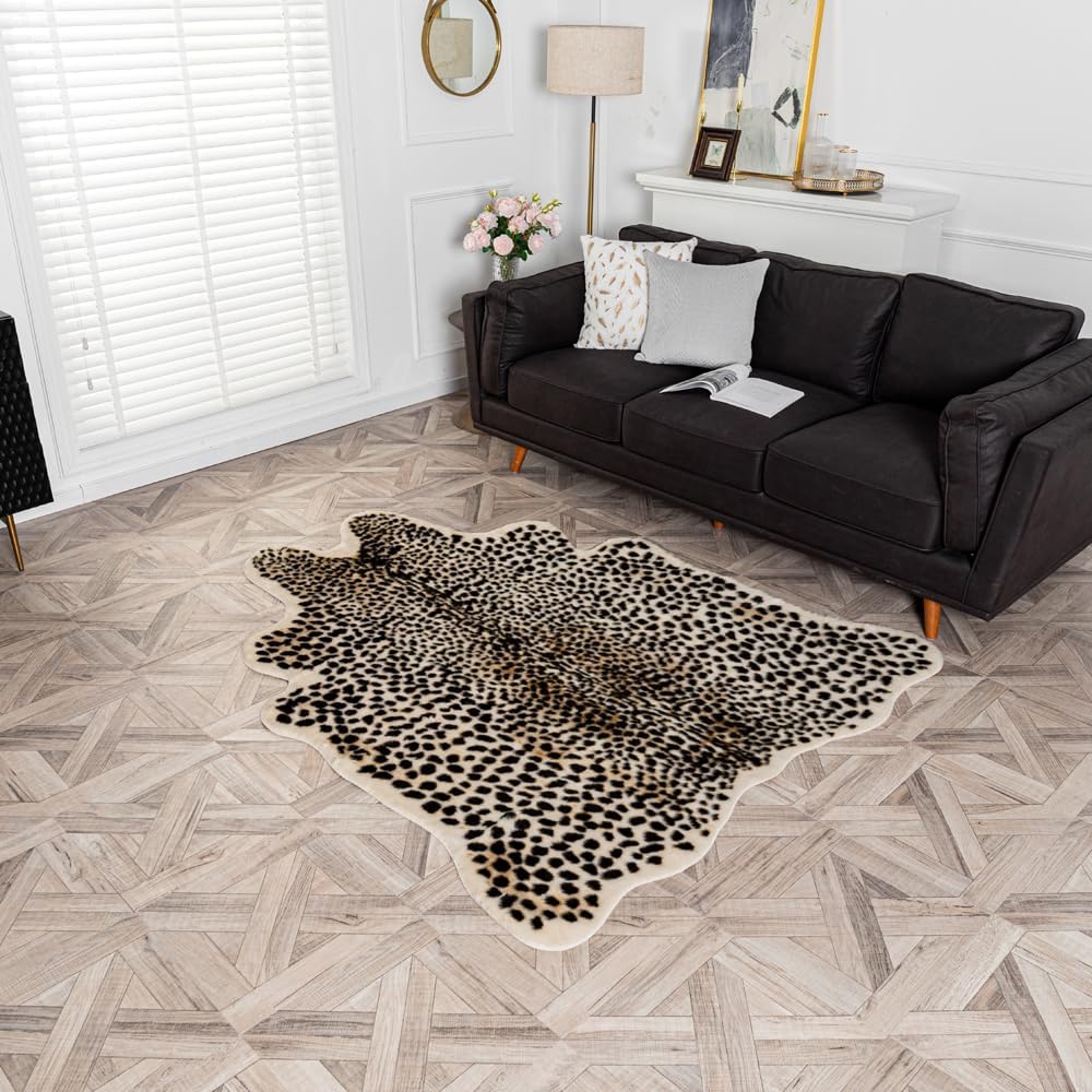 Leopard Area Rug Animals Printed Hide Mats Faux Fur Cowhide Skin Carpet for Home Office, Living Room, Bedroom, 5.2ft x 6.5ft (160 x 200cm)