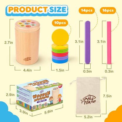 SMALL FISH 3-in-1 Montessori Wooden Toddler Toy, Fine Motor Skills & Color Sorting Learning Toy with Sticks, Popsicle Sticks & Discs, Ages 1–3