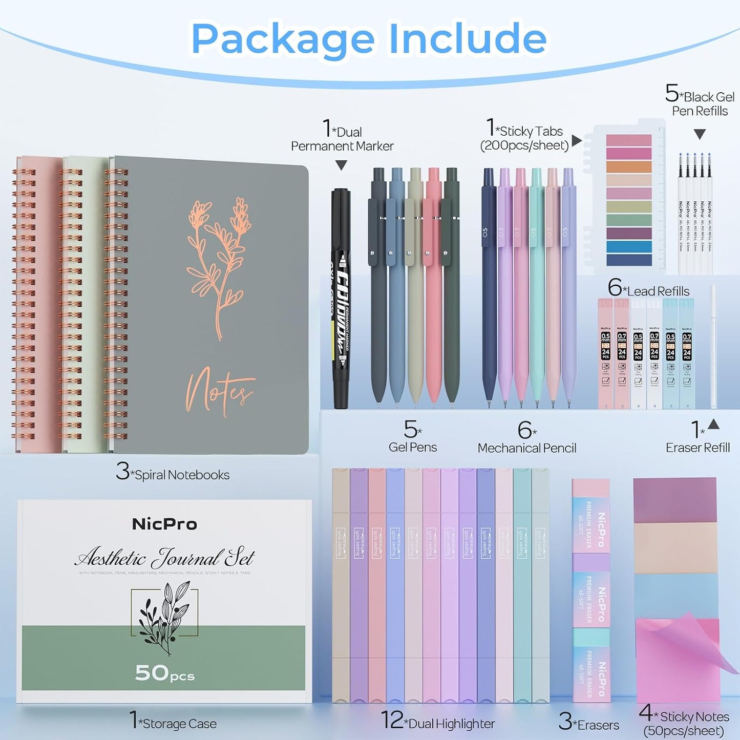 Nicpro 50PCS Cute Spiral Notebook Stationery Set for Women, A5 Notebooks with Mechanical Pencils, Gel Pens, Highlighters, Sticky Notes and Index Tabs