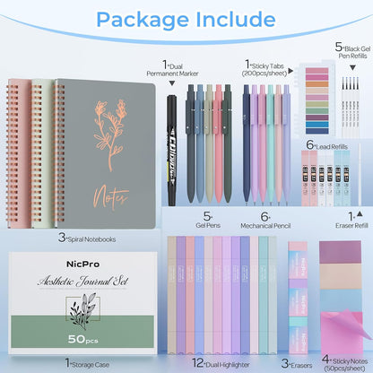 Nicpro 50PCS Cute Spiral Notebook Stationery Set for Women, A5 Notebooks with Mechanical Pencils, Gel Pens, Highlighters, Sticky Notes and Index Tabs