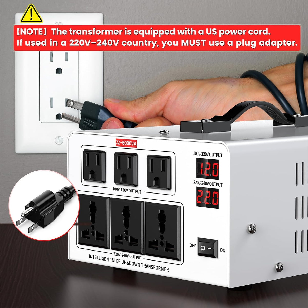 6000VA Step Up/Down Voltage Transformer Converter 110/120V to 220/240V Auto Input Recognition,3 US & 3 Universal Outlets, LCD Display,for Home Appliances,International Travel, Workshop, Power Tool