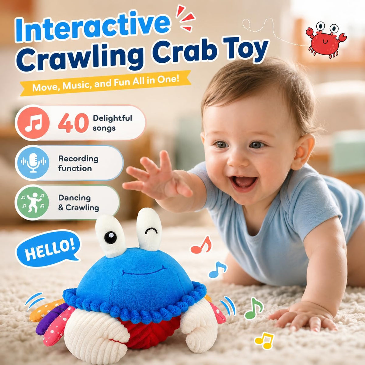 SAIMAND Interactive Crawling Crab Baby Toy with 40 Songs & Recording