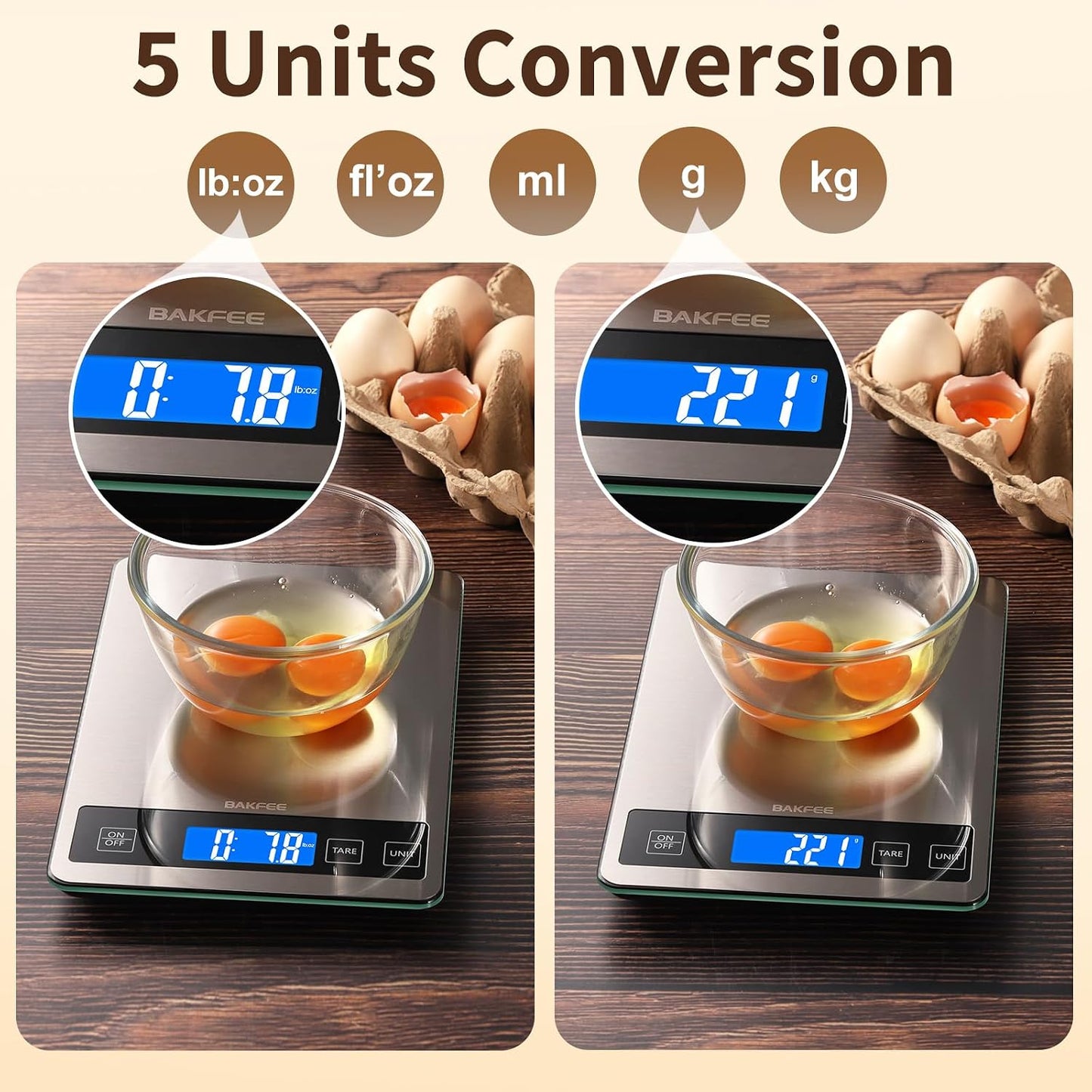 BakFee 33 lb Digital Kitchen Food Scale, 1g Precision