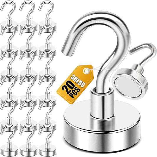 DIYMAG Magnetic Hooks 20-Pack, 30 Lbs Heavy-Duty Neodymium Magnetic Hooks for Cruise Cabins, Refrigerator, Kitchen, Garage & Metal Surfaces, Silver
