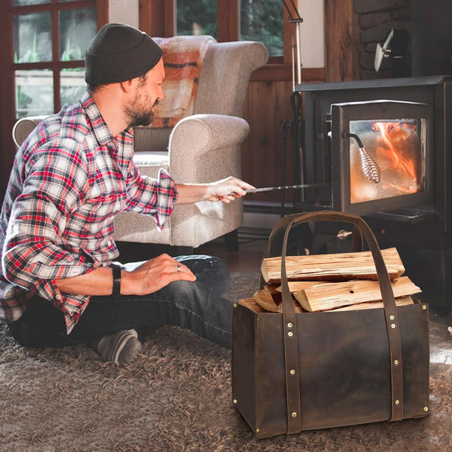 Woodman's Premium Cowhide Leather Log Carrier, Handcrafted Heavy-Duty Firewood Bag for Outdoor Camping, BBQ