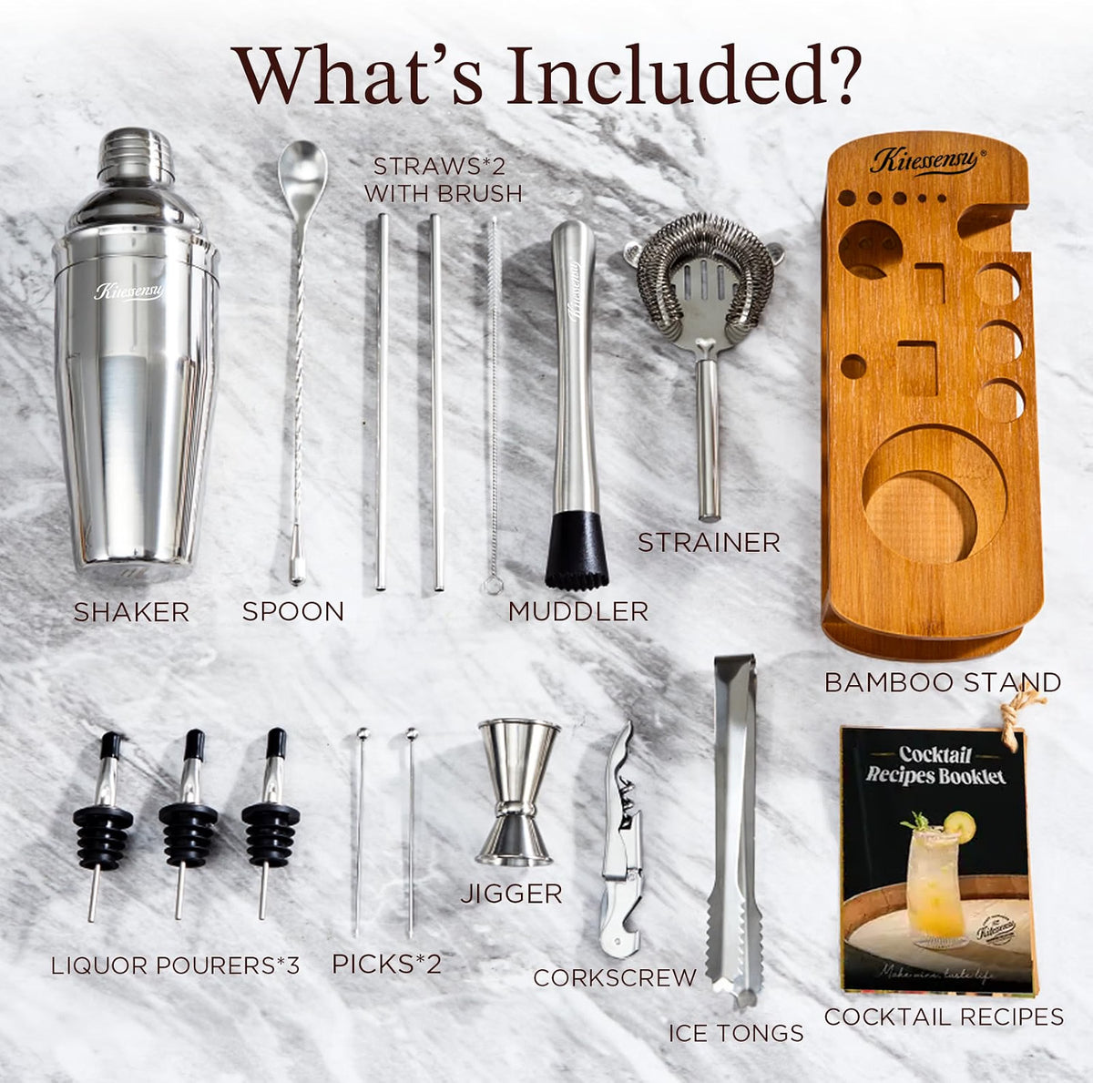 KITESSENSU Cocktail Shaker Set with Stand, 15-Piece Stainless Steel Bartender Kit, 25oz/750ml Martini Shaker with Jigger, Strainer, Spoon & Muddler, Silver