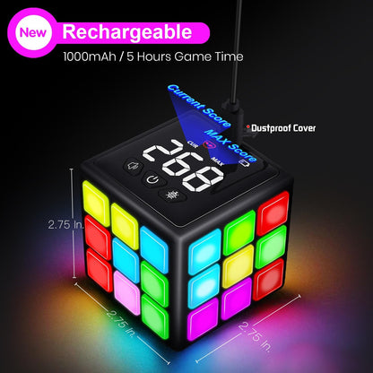 Xinbeiya Rechargeable Handheld Game Cube, 15 Brain & Memory Games with Score Display, Speed, Memory & Creativity Challenges, USB Rechargeable STEM Toy for Kids Ages 6–12+, Black