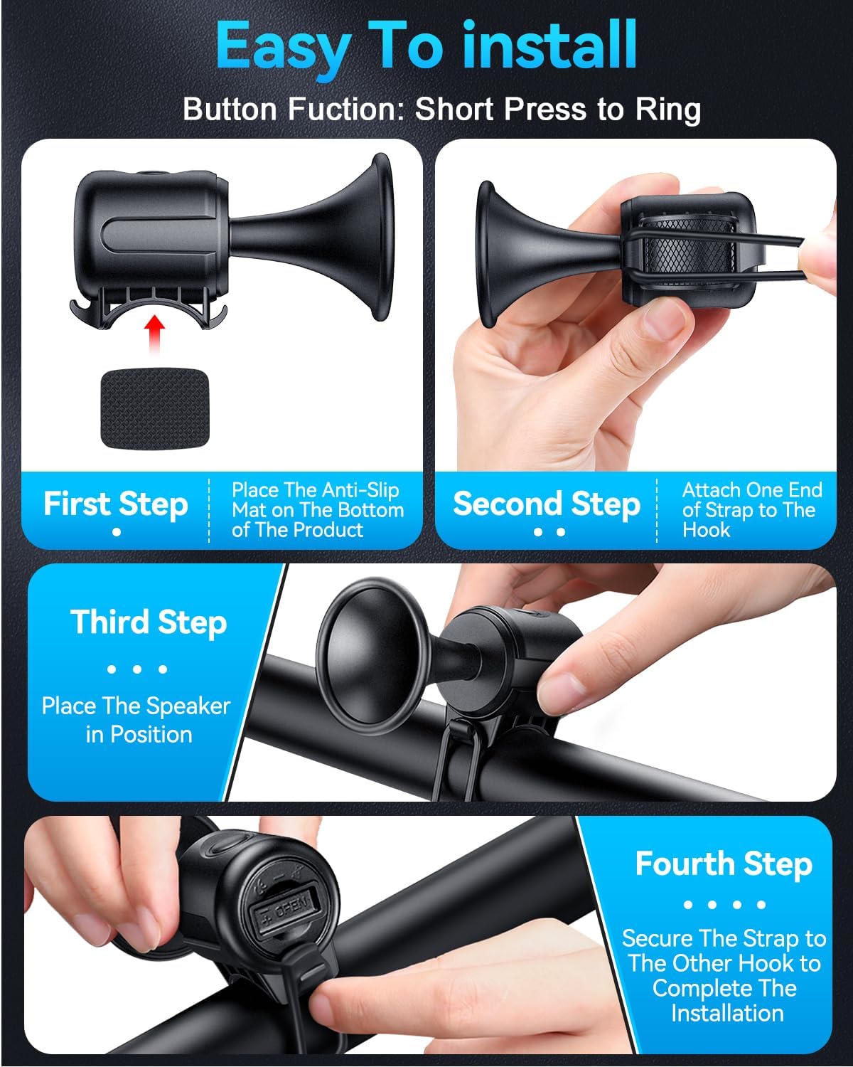 POWVINE Electric Bike Horn, 130dB Loud Bicycle Horn for 22.2–32mm Handlebars, IPX4 Waterproof Bike Bell with 2 CR2032 Batteries, Easy-Install Horn for Bikes, Scooters & E-Bikes, Black
