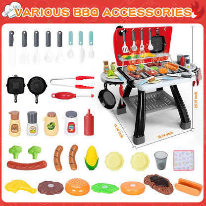 Bstoyder Kids BBQ Grill Playset, 73-Piece Pretend Kitchen Playset with Smoke, Sound & Light, 2-Layer Outdoor Grill Toy with Play Food & Accessories for Toddlers, Red