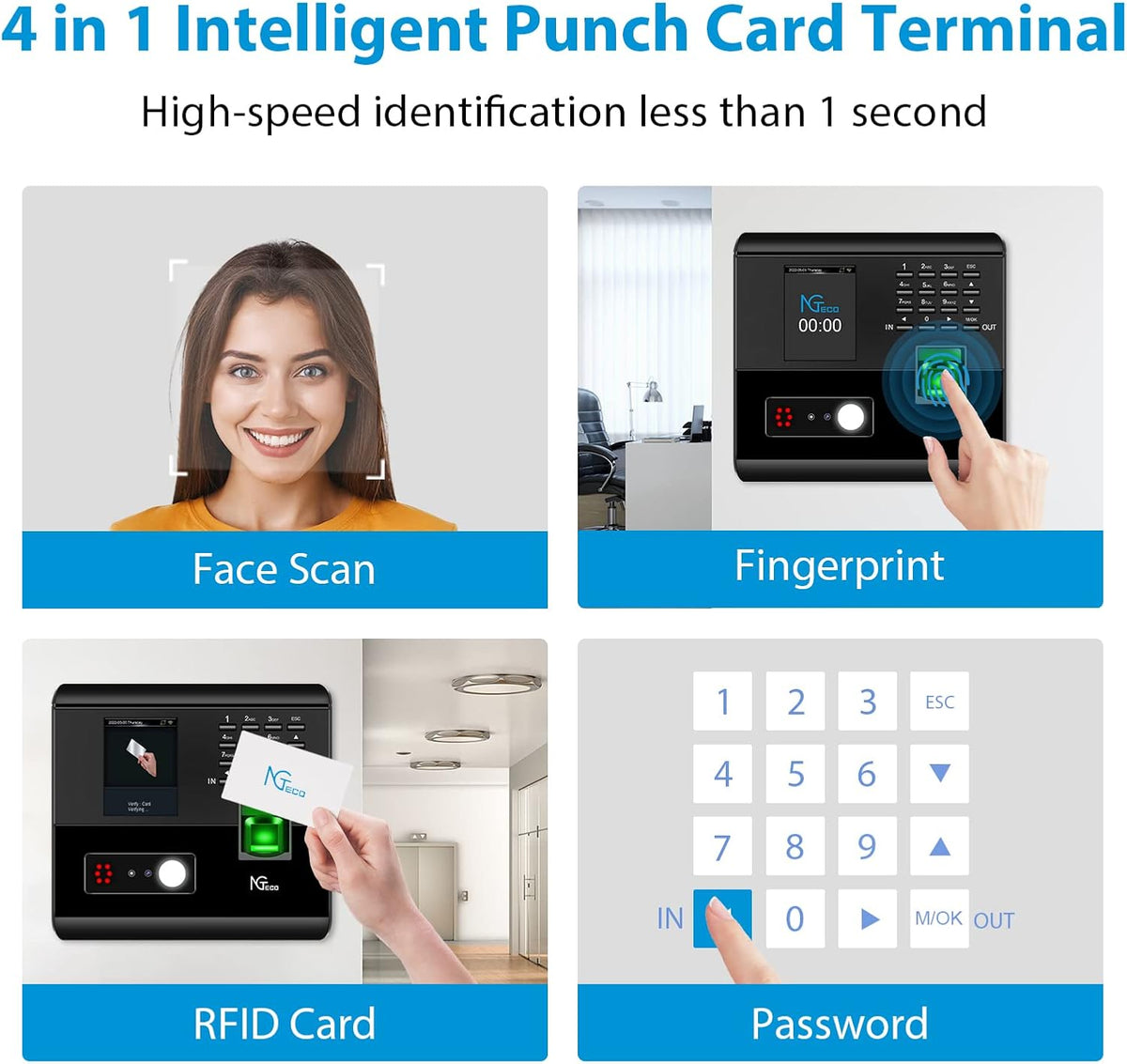 NGTeco GK-MB-1-MG 4-in-1 Employee Time Clock | Face, Fingerprint, RFID & PIN Attendance System with WiFi App