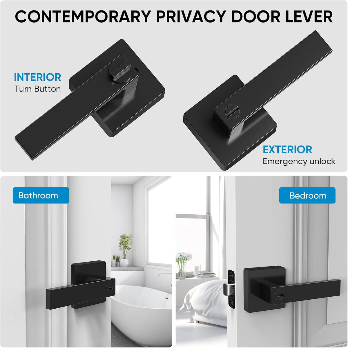 TICONN 5PK Matte Black Door Handles Interior, Reversible Square Door Levers Knob for Hallway, Bedroom, Bathroom (with Lock, 5PK Privacy)