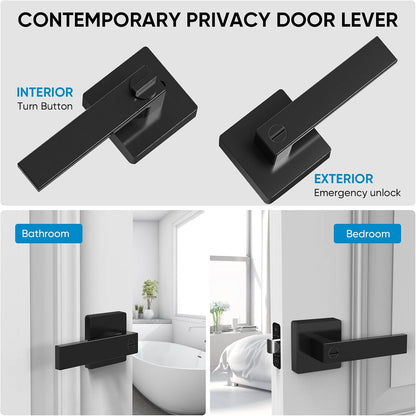TICONN 5PK Matte Black Door Handles Interior, Reversible Square Door Levers Knob for Hallway, Bedroom, Bathroom (with Lock, 5PK Privacy)