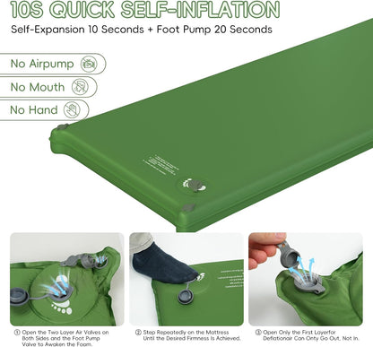 Memory Foam Camping Sleeping Pad, Foldable and Portable Self-Inflating Camping Mattress Pad, 9.5 R-Value Insulated & Quiet Sleeping Mat with Pillow, Compact for Backpacking Hiking Car Traveling Tent