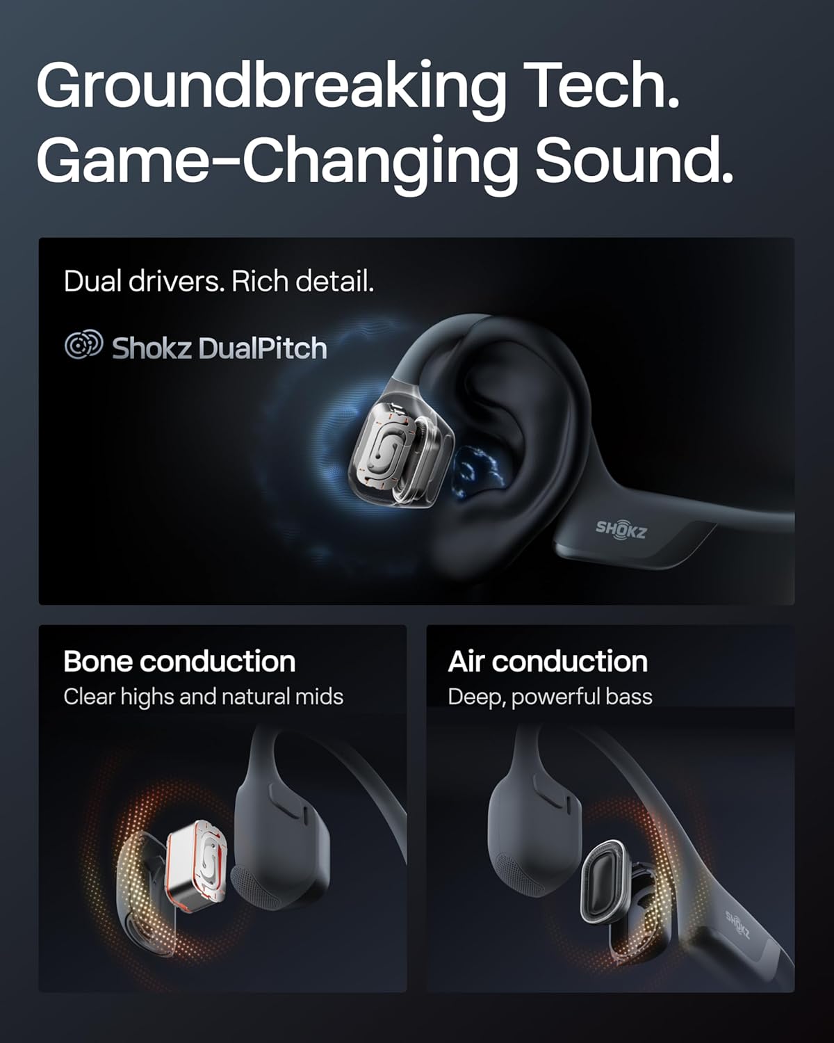 Auriculares deportivos Bluetooth SHOKZ OpenRun Pro 2 de conducción ósea, negro, con tira reflectante; sonido premium DualPitch; percepción del entorno con diseño de oído abierto; micrófono inteligente; IP55; 12h de batería; para correr/ciclismo/senderismo