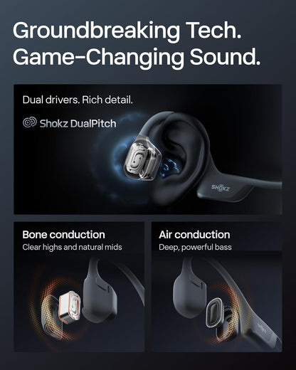 Auriculares deportivos Bluetooth SHOKZ OpenRun Pro 2 de conducción ósea, negro, con tira reflectante; sonido premium DualPitch; percepción del entorno con diseño de oído abierto; micrófono inteligente; IP55; 12h de batería; para correr/ciclismo/senderismo