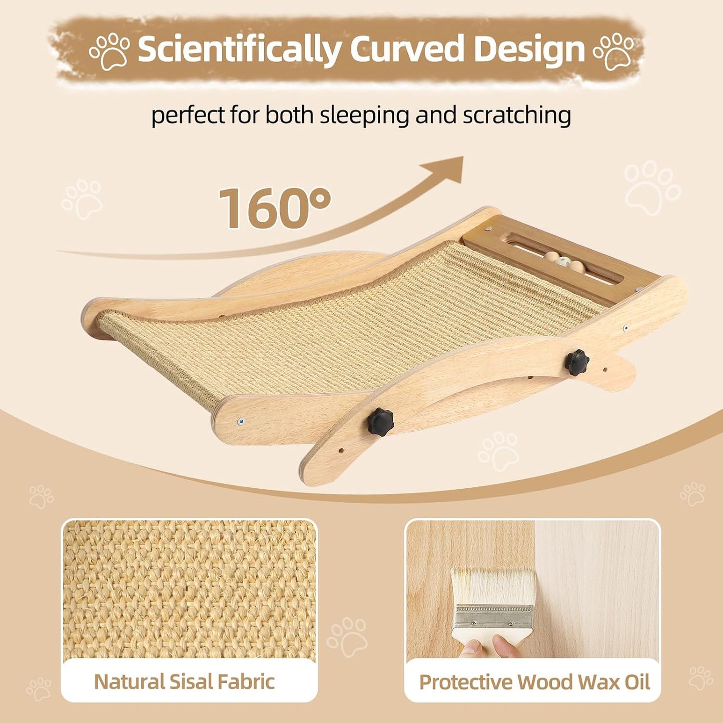 Cat Scratcher Bed, 19-Inch Large Sisal Cat Scratching Board, 3-in-1 Cat Scratcher Lounge with Hammock & Raised Perch, Ergonomic Curved Arch, Indoor Cat Furniture, Sisal Beige
