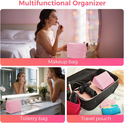 HyperionFlo Essentials Travel Makeup Organizer Bag, Fold-Down Cosmetic Organizer with Adjustable Dividers, 27 Pockets & 3 Brush Holders, Large Capacity Toiletry Case, Pink