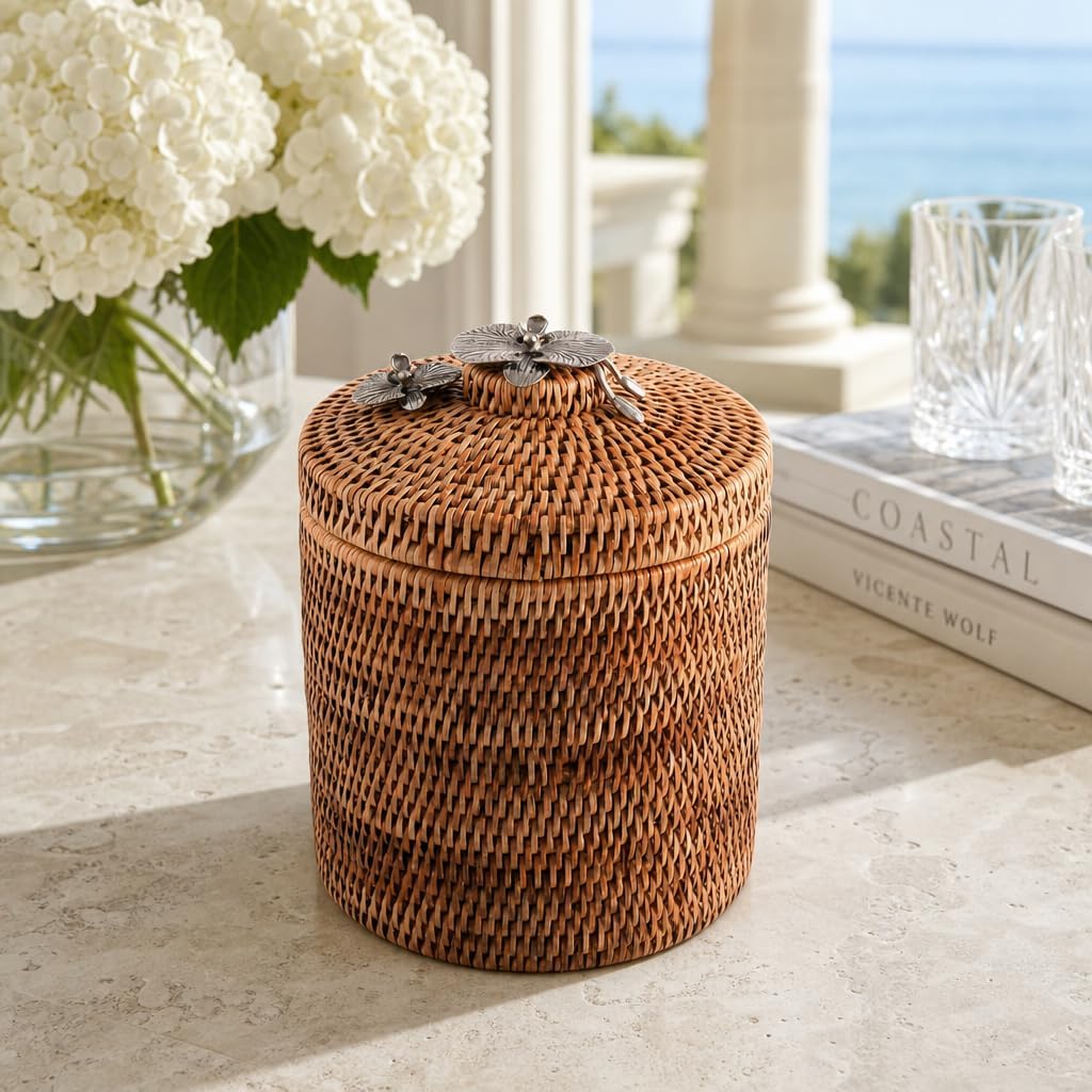 Vagabond House Wicker Ice Bucket with Pewter Orchid Knob, Stainless Steel Lined Rattan Champagne Holder, 8-Inch