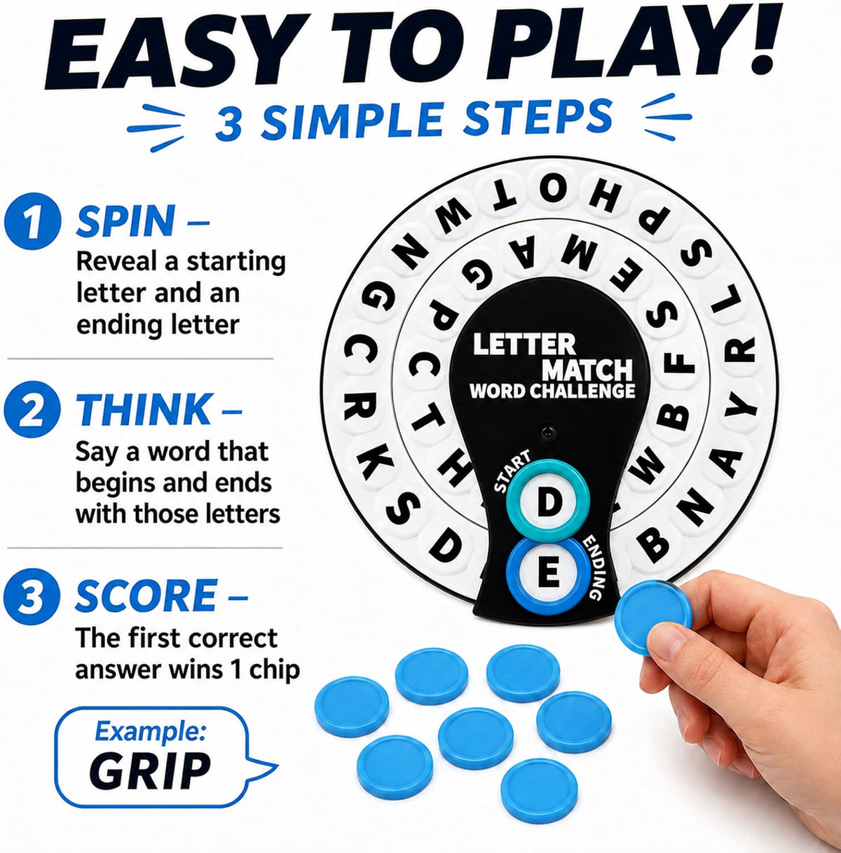 FunTotem Letter Match Word Challenge, Family Word Association Game for Kids & Adults, First Letter Last Letter Challenge with Dual Spinning Wheels, 2-8 Players, Ages 8+, Blue