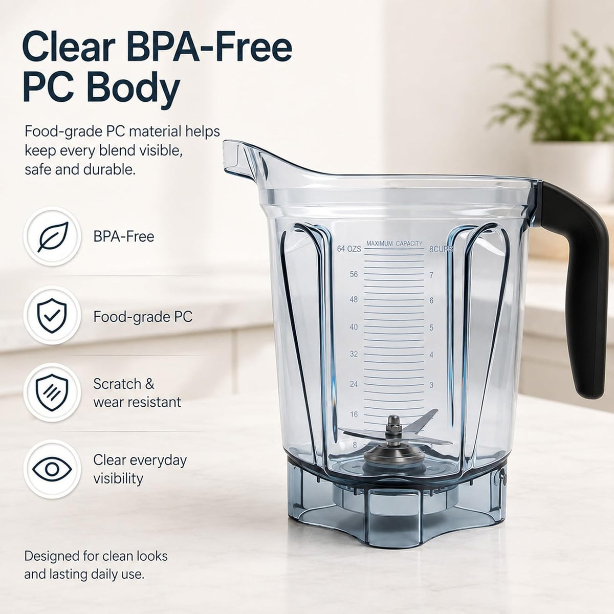 64oz Low-Profile Blender Pitcher Compatible with 5200/7500/5000/6300/750/E310/VM0102/VM0103/VM0197- BPA-Free Container Jar Cup for Classic & Explorian Series