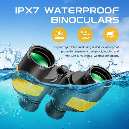 HOOWAY 7x50 Waterproof Fogproof Marine Binoculars with Internal Rangefinder & Illuminated Compass, BAK4 Porro Prism, Fully Multi-Coated Optics, Army Yellow