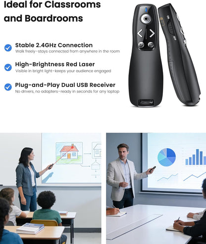 Presentation Clicker with USB-A & USB-C Receiver, 2.4GHz Wireless Presenter Remote with Volume Control & Red Light Pointer, Clicker for PowerPoint Slides Slide Advancer for Mac Computer, Plug & Play