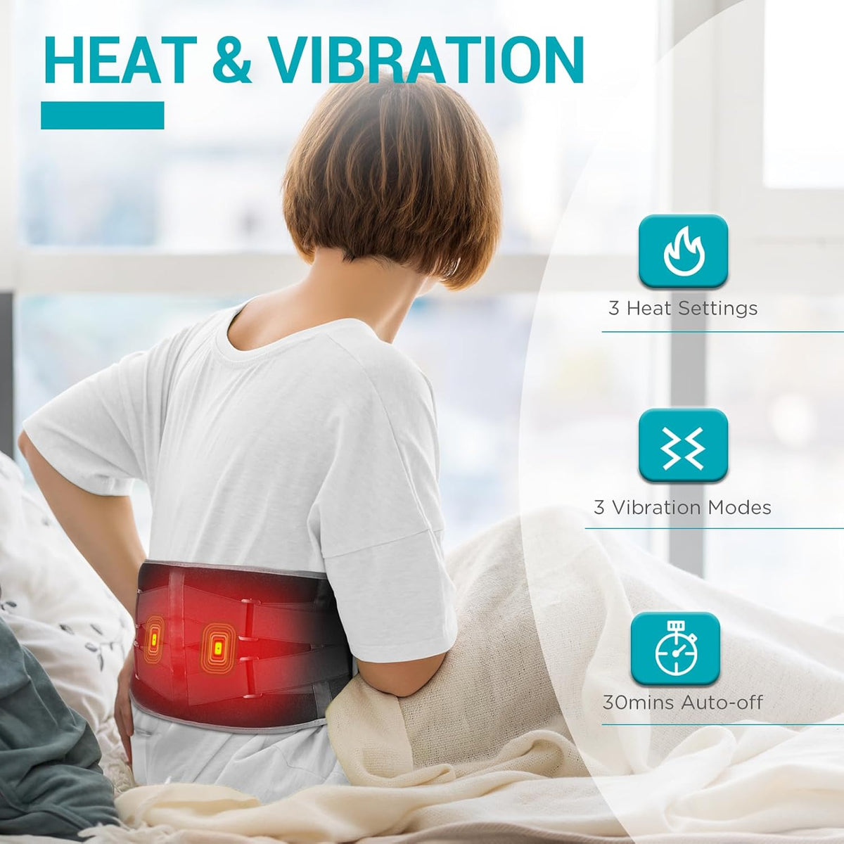 Comfytemp Cordless Heating Pad with Massager for Back, Portable Heated Belt with 3 Heat Levels and 3 Vibration Modes, 5000mAh Rechargeable Battery, Up to 58-Inch Waist, Black