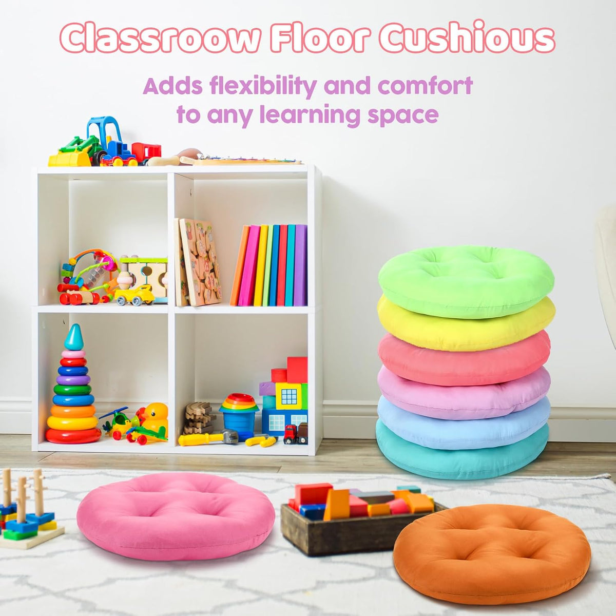CroBlissful 8 Pcs 16 Inch Floor Cushions for Kid Classroom, Bright Color Flexible Seating for Classroom Elementary, 3.15 in Thick Round Floor Pillow, Back to School Furniture for Daycare Preschool