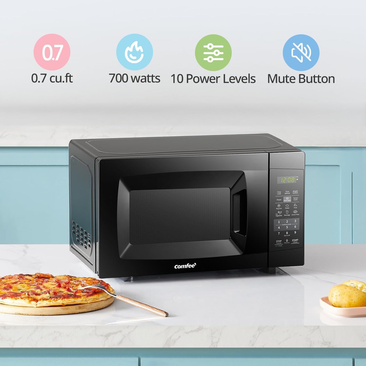 COMFEE' Countertop Microwave Oven, 0.7 Cu.Ft, 700W, Black, ECO Mode Sound On/Off, One-Touch Buttons, Child Safety Lock, for Dorm, Apartment, Office