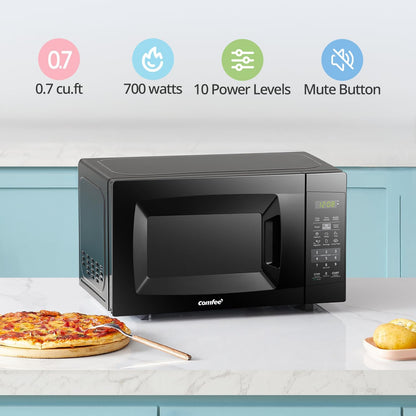 COMFEE' Countertop Microwave Oven, 0.7 Cu.Ft, 700W, Black, ECO Mode Sound On/Off, One-Touch Buttons, Child Safety Lock, for Dorm, Apartment, Office