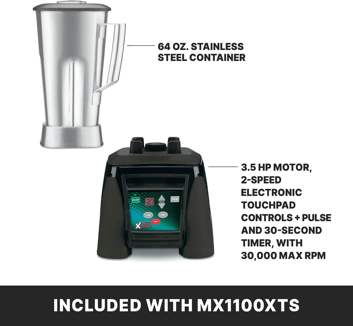 Waring Blender with Electronic Keypad, Timer & 64oz. Stainless Steel Jar Xtreme Blender, 3.5 HP Commercial Motor, 75+ Drinks a Day, Frozen Drinks & Smoothies for Bars & Restaurants, NSF Certified