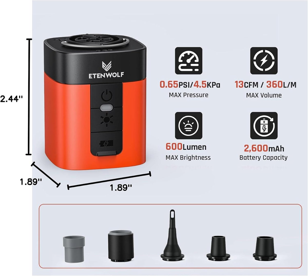 ETENWOLF AIR 3 Air Pump for Inflatables with 2600mAh Battery& Camping Light Ultra-Fast and Mini Electric Air Pump, Inflate Deflate for Air Mattress, Pool Floats, Vacuum Storage Bags