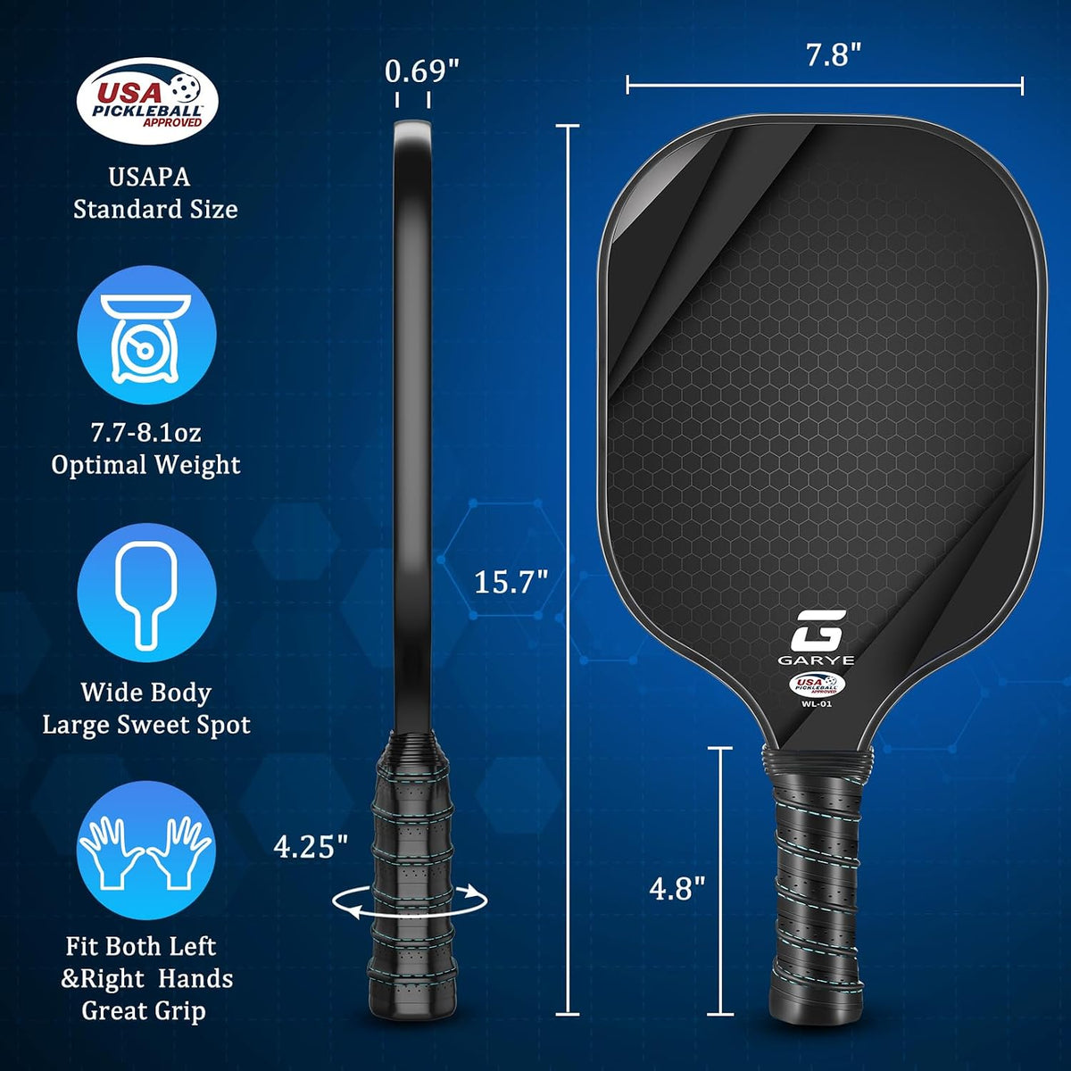 GARYE Pickleball Paddles Set of 4, Carbon Fiber Pickleball Rackets with 6 Balls, Bag & 4 Grip Tapes, USAPA-Approved Lightweight Paddle Set for Adults & Teens