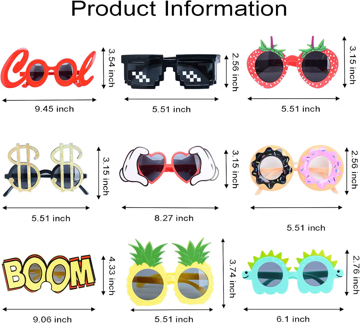 WATSELOK Hawaiian Party Sunglasses, 9-Pair Luau Novelty Glasses Set, Funny Photo Booth Props & Summer Party Favors for Kids & Adults, Multicolor
