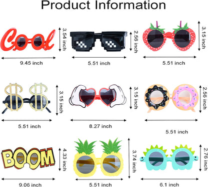 WATSELOK Hawaiian Party Sunglasses, 9-Pair Luau Novelty Glasses Set, Funny Photo Booth Props & Summer Party Favors for Kids & Adults, Multicolor