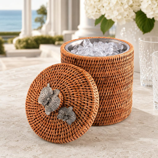 Vagabond House Wicker Ice Bucket with Pewter Orchid Knob, Stainless Steel Lined Rattan Champagne Holder, 8-Inch