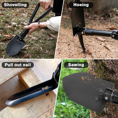 PLACHIDAY Folding Camping Shovel, 18.5-Inch Lightweight High Carbon Steel Portable Shovel with Serrated Edge, Compact 3-Way Folding Design for Camping, Hiking, Gardening & Emergency Use