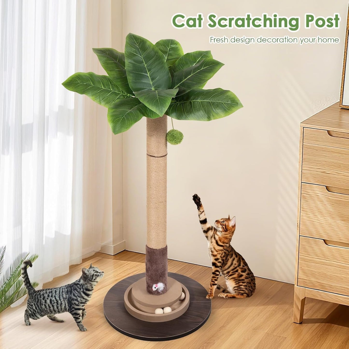40" Cat Scratching Post, Natural Sisal Rope Cat Scratcher Tree with Hanging Ball, Mouse Hole & Ball Track, Heavy-Duty Wood Base for Kittens & Adult Cats