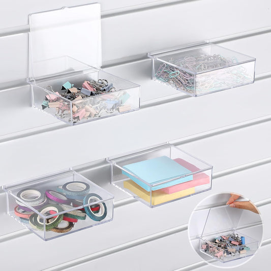 RattanView Clear Slatwall Storage Bins with Lids, 4-Pack Transparent Plastic Wall-Mount Storage Containers for Screws, Jewelry, Crafts & Small Parts