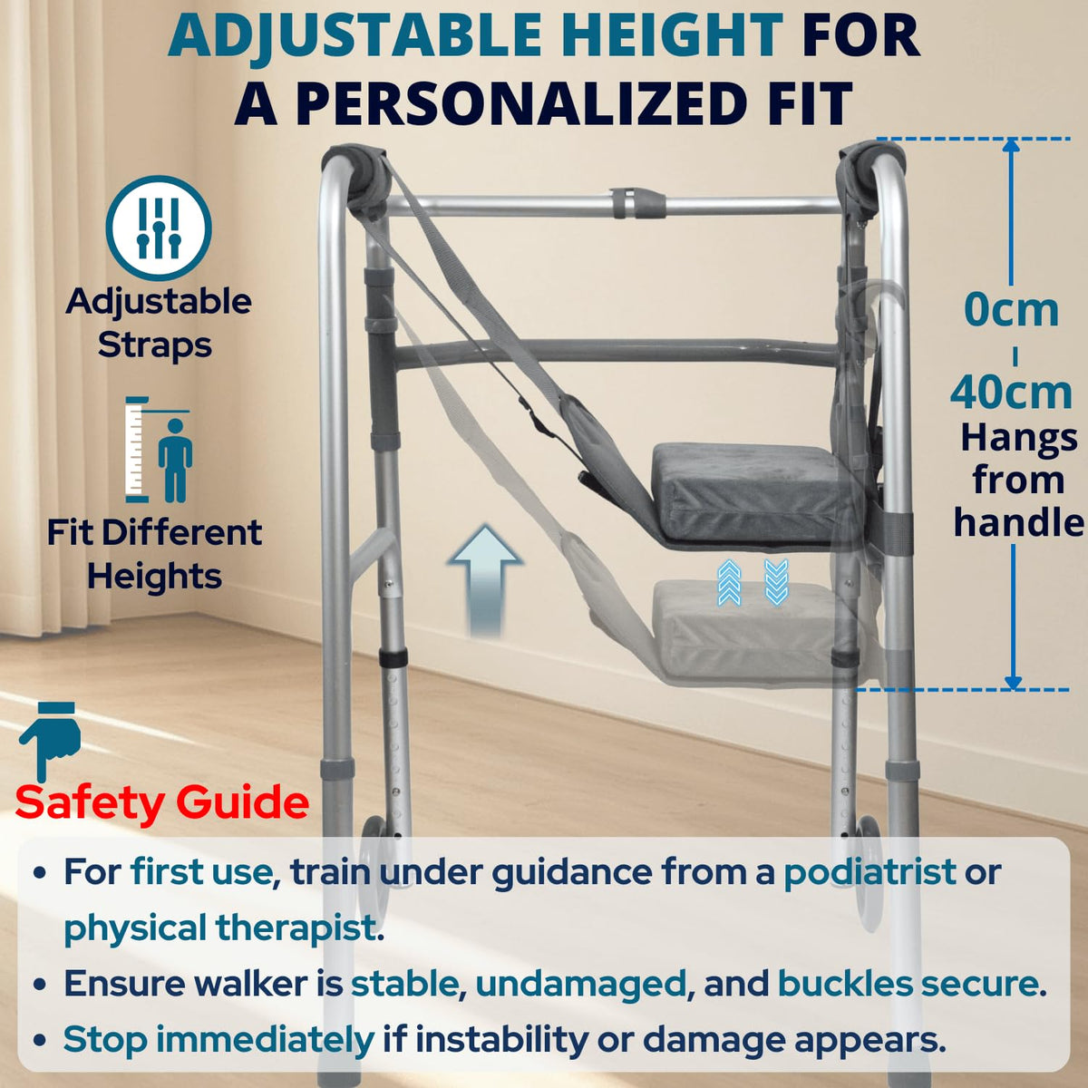 Knee Sling for Walker, Knee Support for Non Weight Bearing Alternative to Knee Scooter & Crutch for Surgery Recovery, Walker Accessories for Foot Injuries, Adjustable, Cushioned, Grey