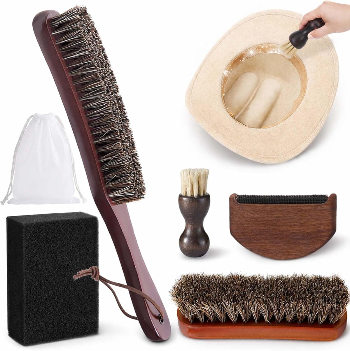 5 Pcs Felt Cowboy Hat Cleaning Brush Set, Horsehair Clothes Shoe Brush Kit Removes Dust, Lint, Pet Hair & Sweatband Buildup, for Fedoras, Western Hats, Baseball Caps, Suits, Leather Shoes & Boots