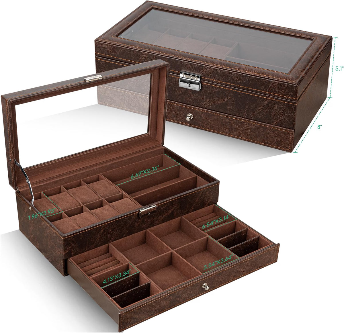 TomCare 2-Tier Watch Box, Large Watch & Jewelry Organizer with Glass Lid, Lockable Display Case with 8 Watch Slots, Glasses & Jewelry Compartments, Brown