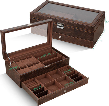 TomCare 2-Tier Watch Box, Large Watch & Jewelry Organizer with Glass Lid, Lockable Display Case with 8 Watch Slots, Glasses & Jewelry Compartments, Brown