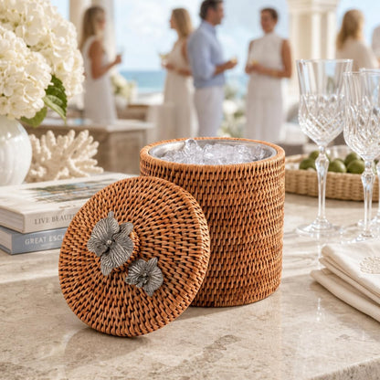 Vagabond House Wicker Ice Bucket with Pewter Orchid Knob, Stainless Steel Lined Rattan Champagne Holder, 8-Inch