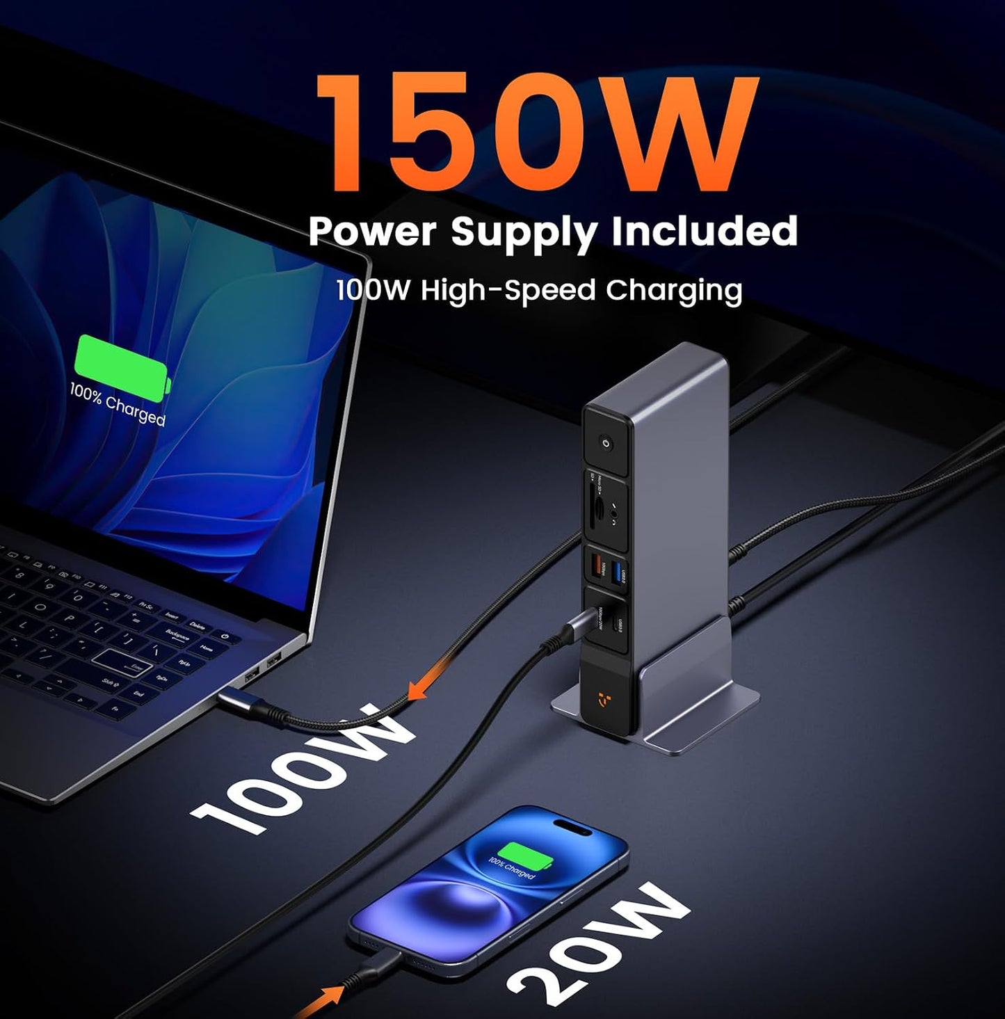 TobenONE Laptop Docking Station 3 Monitors, 8 USB Ports, 150W Adapter 100W PD and 20W Charging, 2.5G Ethernet, Triple 4K via 2 HDMI, DP, USB C, Single 4K@144, SD/TF 4.0 for Windows/Chrome OS