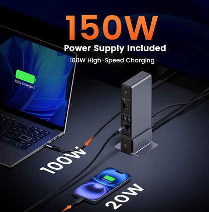 TobenONE Laptop Docking Station 3 Monitors, 8 USB Ports, 150W Adapter 100W PD and 20W Charging, 2.5G Ethernet, Triple 4K via 2 HDMI, DP, USB C, Single 4K@144, SD/TF 4.0 for Windows/Chrome OS