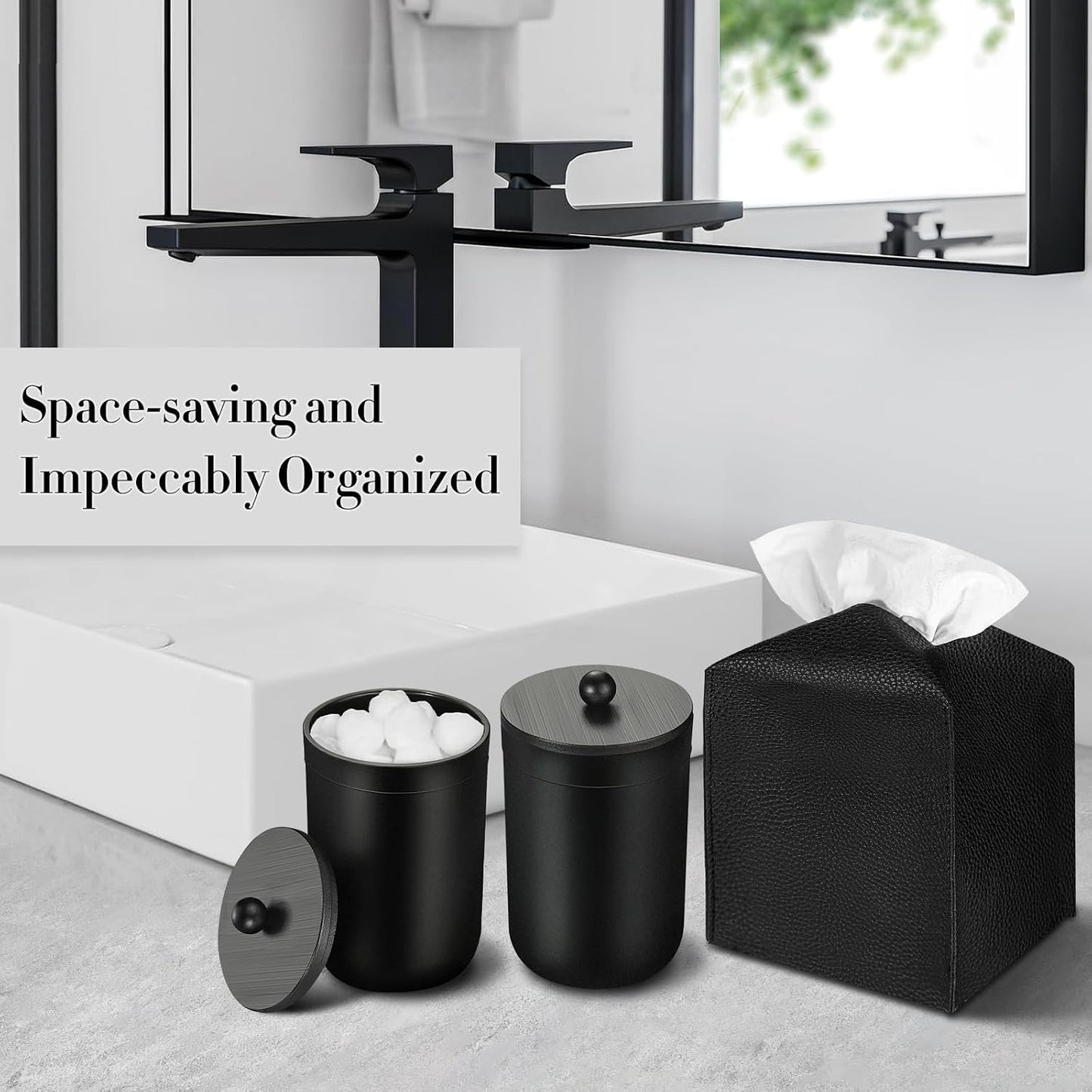 Black Bathroom Accessories Set, 10Pcs Bathroom Accessory Set with Trash Can, Soap Dispenser and Toothbrush Holder, Soap Dish, Cotton Ball & Qtip Holder, Toilet Brush Holder, Tissue Box Cover