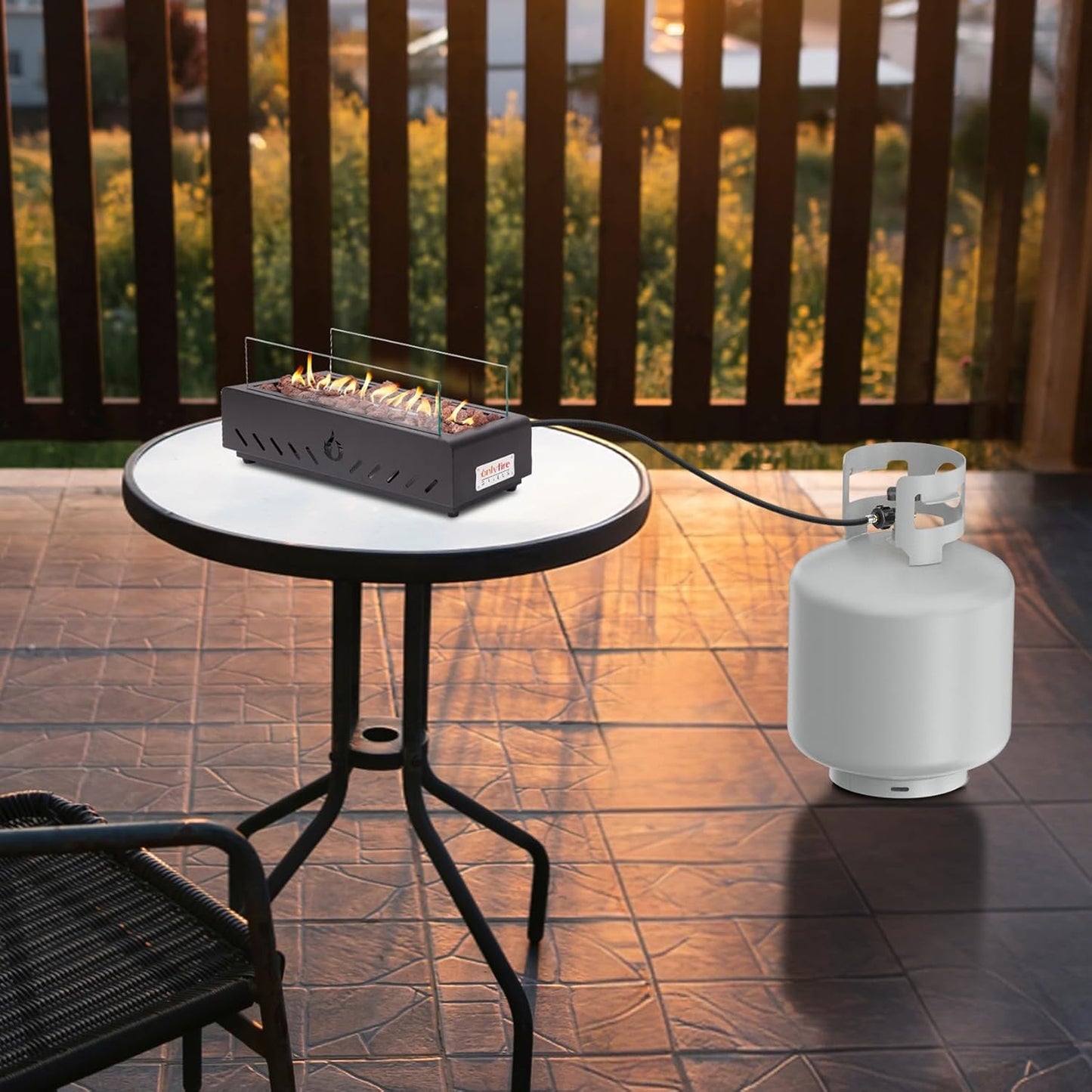 18" Propane Gas Fire Pit Side-Mounted, Portable Tabletop Fireplace, FP026 Modern Firepit with Lava Rocks, Glass Shield and 6.8FT Hose for Outdoor Patio Backyard Porch Camping RV Tailgating
