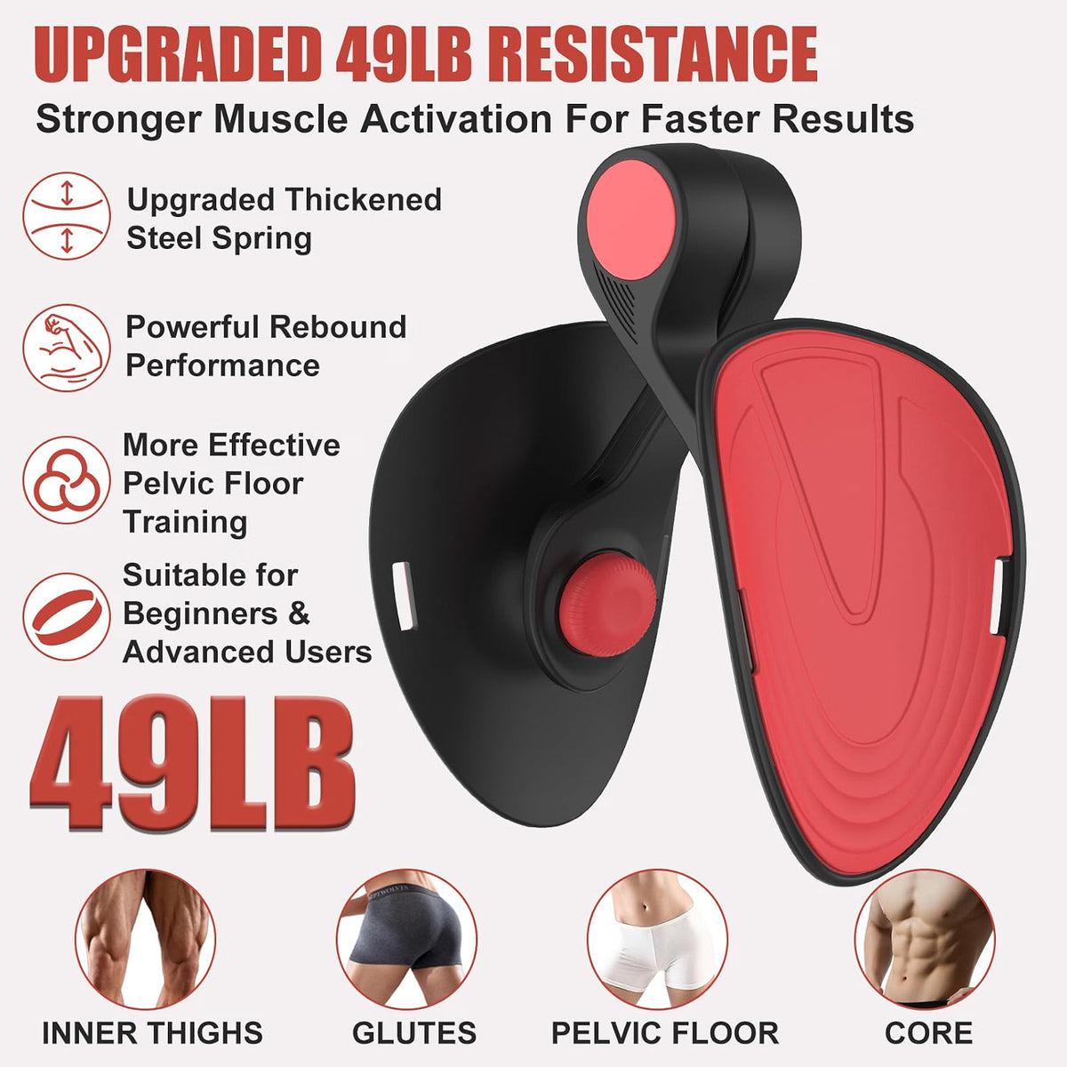 TINRIEF Pelvic Floor Exercise Device, 35 lb Resistance Kegel & Thigh Trainer with Resistance Band, 360° Rotating Training Board, Portable Leg & Core Workout Equipment, Black Red